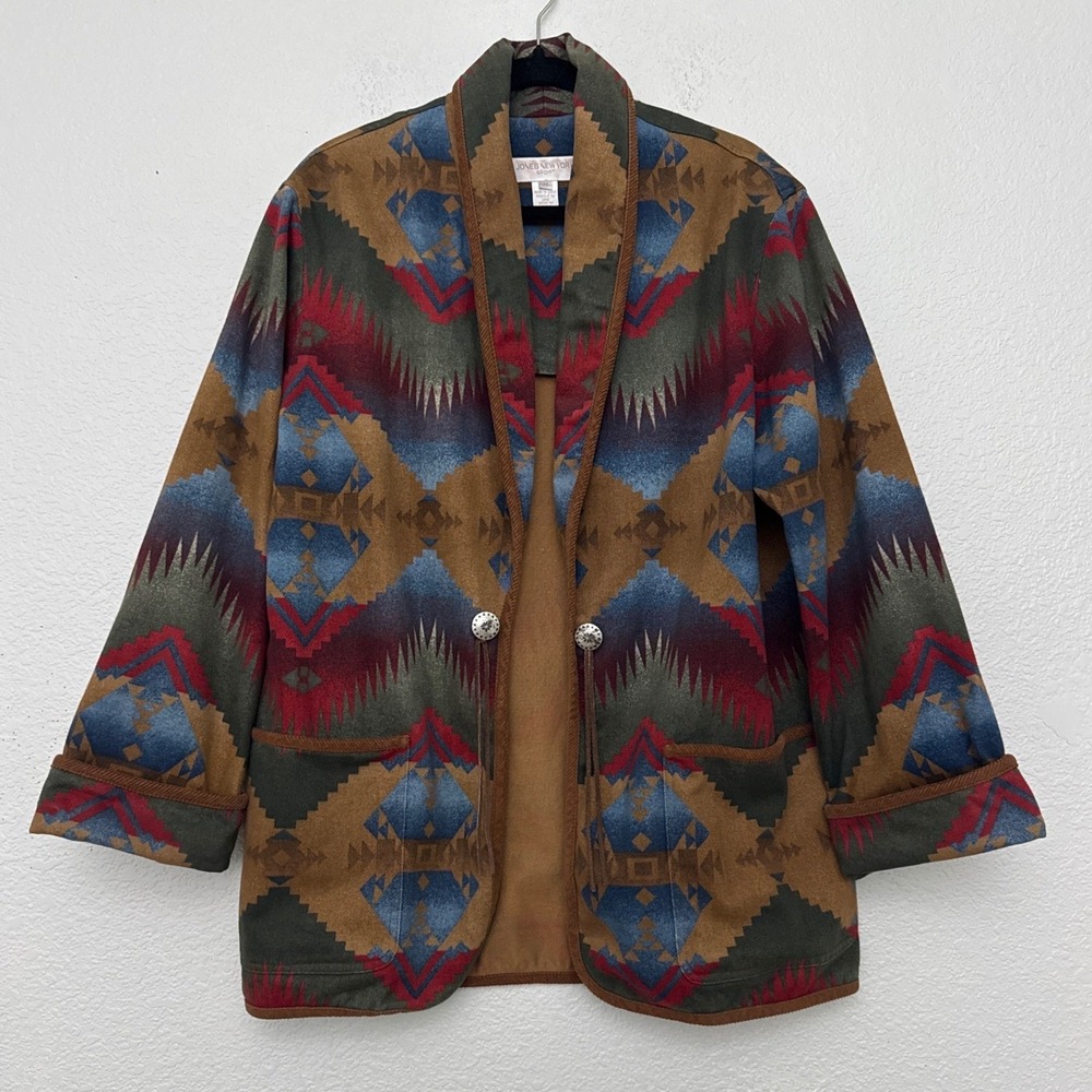 Vintage Southwestern Aztec Jacket Geometric Shawl Collar Blazer Boho Western M